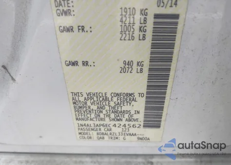 2014 Nissan Altima 2.5/2.5 S/2.5 Sl/2.5 Sv из США, поврежденный, VIN 1N4AL3AP6EC424562